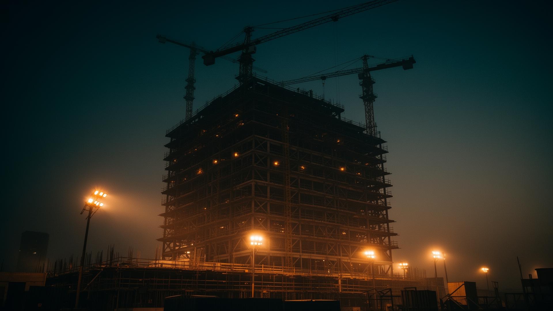 Tower under construction at dusk with cranes and floodlights